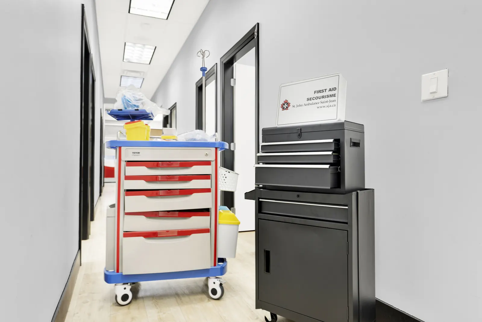 Treatment cart and first aid supplies